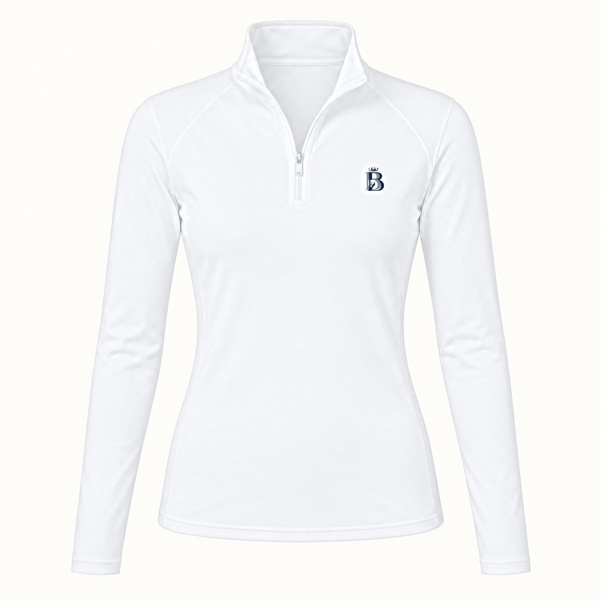 Bajolek MSFC003 long-sleeve riding top in white, clean front view with subtle navy left-chest logo