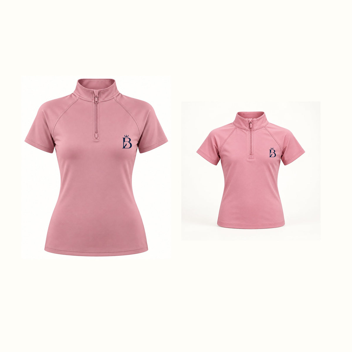 Bajolek Ride Together women’s and junior short-sleeve riding tops in pink with navy left-chest logos
