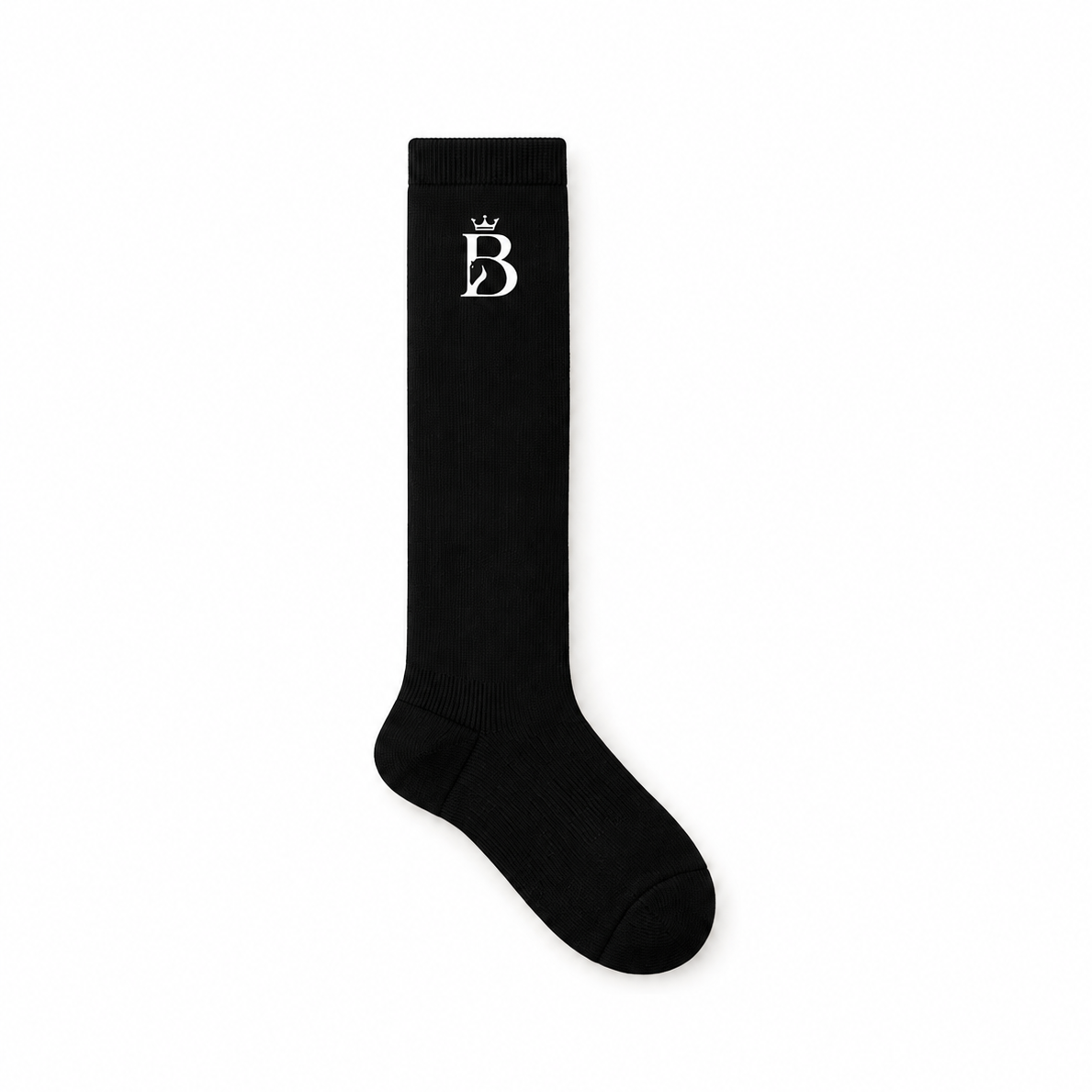 Bajolek black knee-high riding sock with a white crowned-B emblem