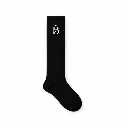 Bajolek black knee-high riding sock with a white crowned-B emblem