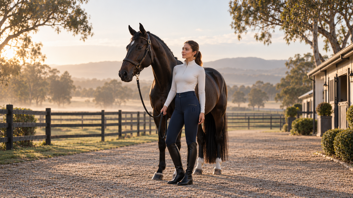Bajolek rider wearing navy breeches beside a dark horse at sunrise on an Australian equestrian property