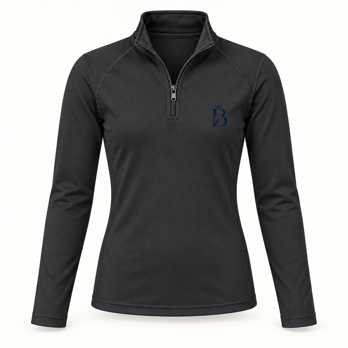 Bajolek junior long-sleeve riding top in black, front view with navy crowned-B chest logo