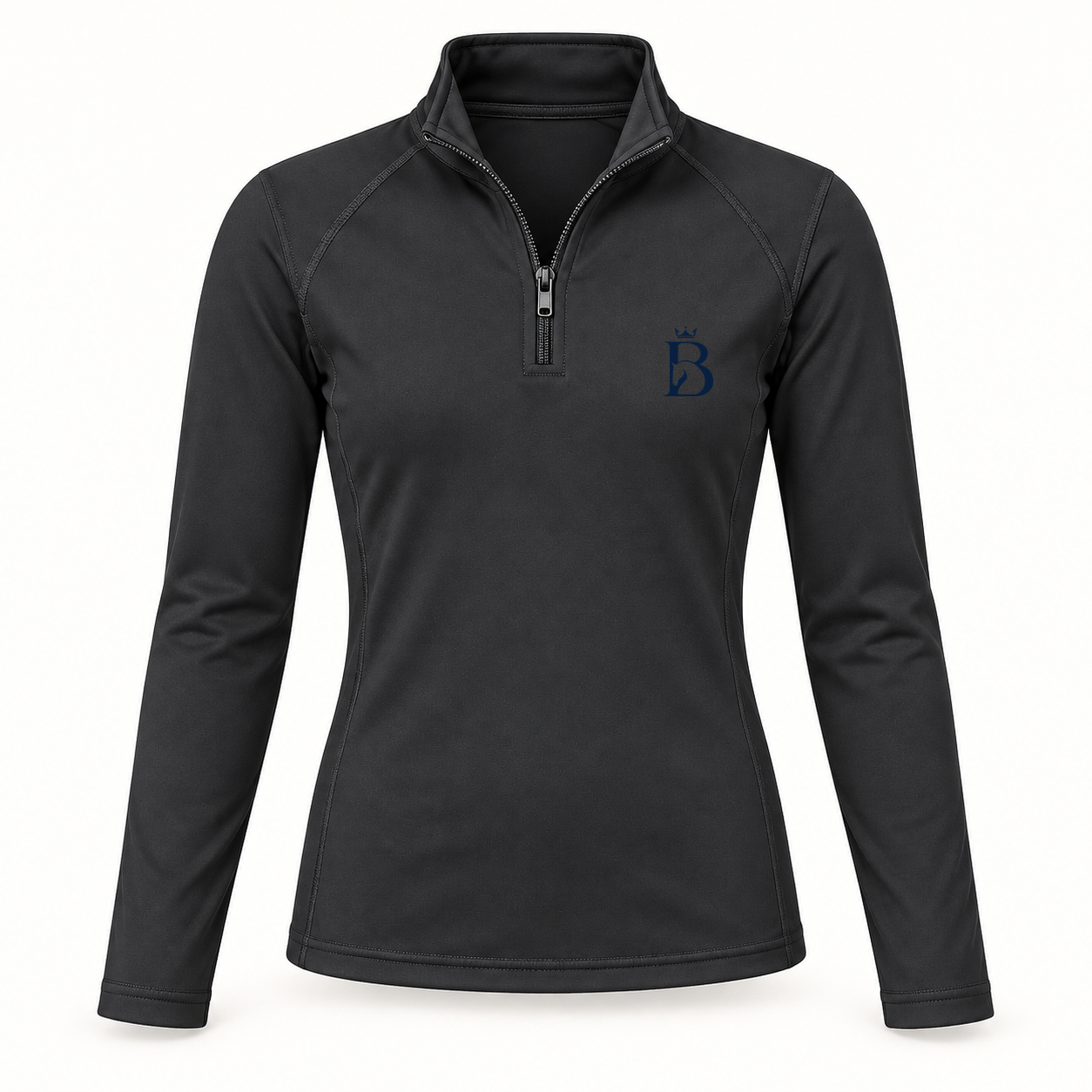Bajolek junior long-sleeve riding top in black, front view with navy crowned-B chest logo