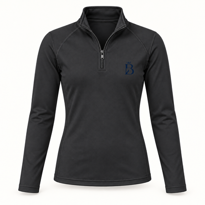 Bajolek junior long-sleeve riding top in black, front view with navy crowned-B chest logo