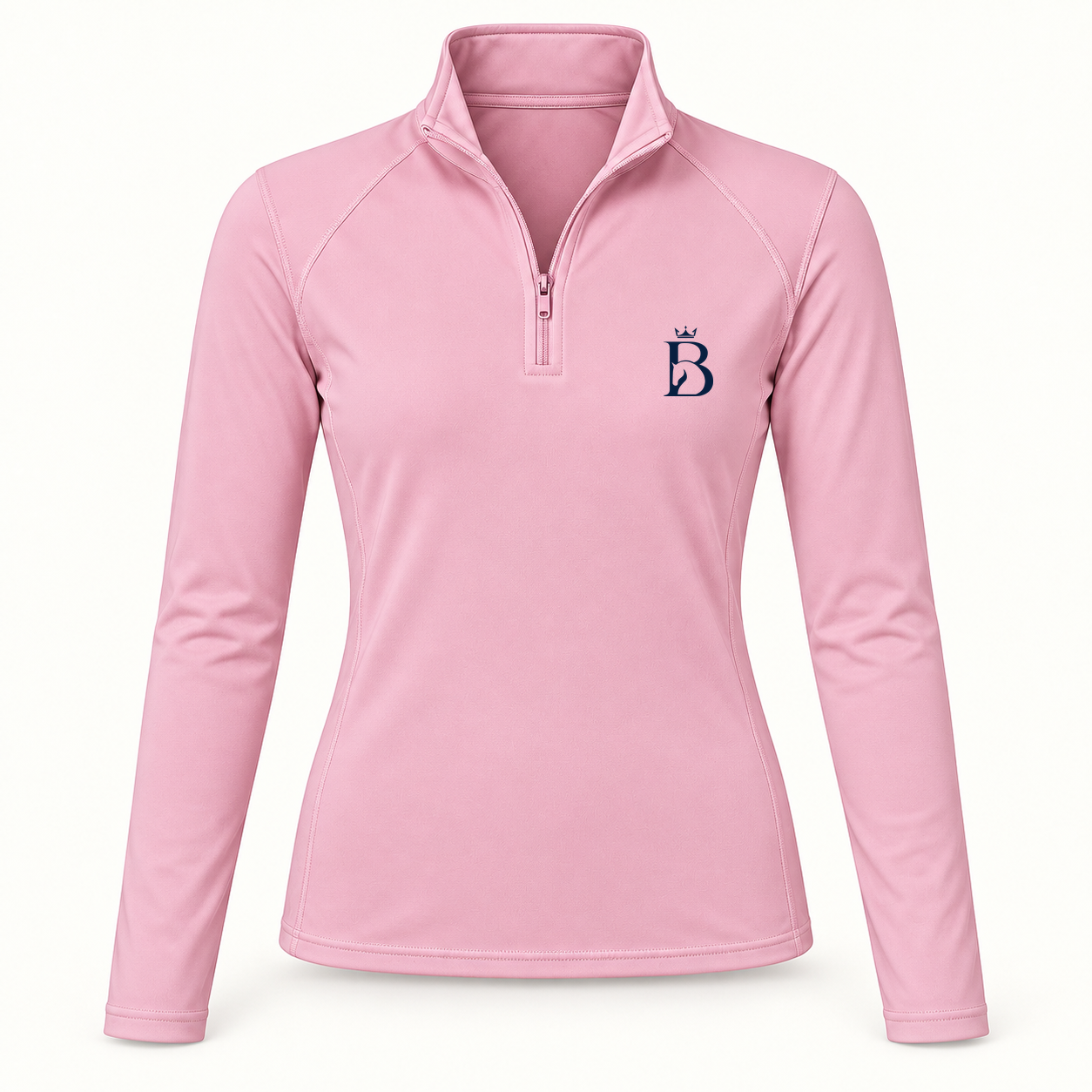 Bajolek junior long-sleeve riding top in pink, front view with navy crowned-B chest logo