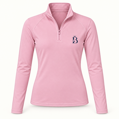 Bajolek junior long-sleeve riding top in pink, front view with navy crowned-B chest logo