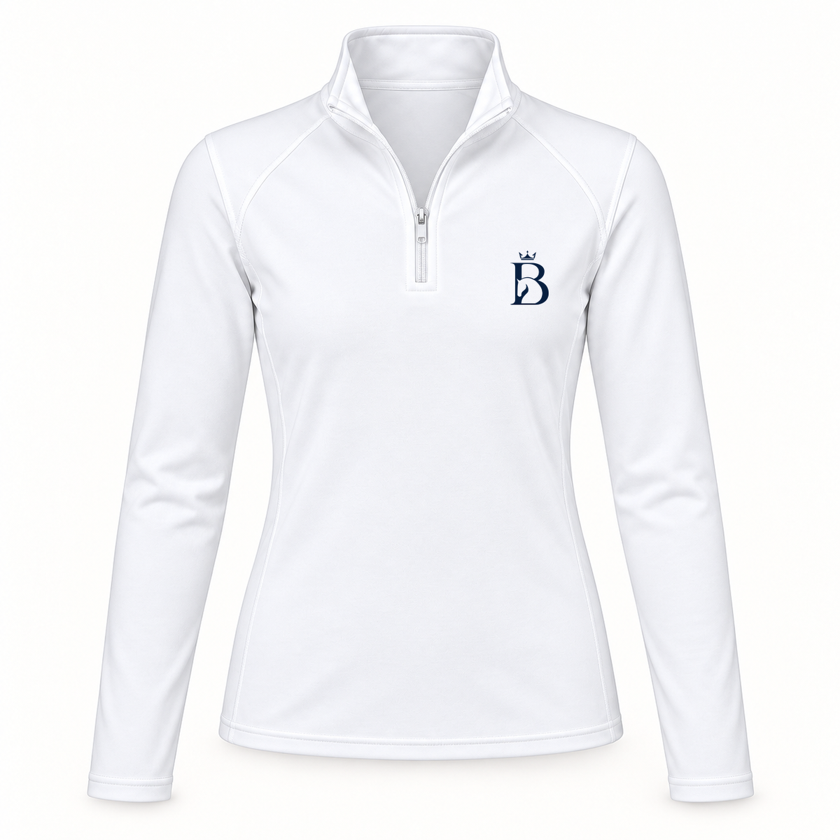 Bajolek junior long-sleeve riding top in white, front view with navy crowned-B chest logo