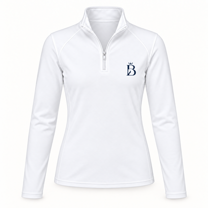 Bajolek junior long-sleeve riding top in white, front view with navy crowned-B chest logo