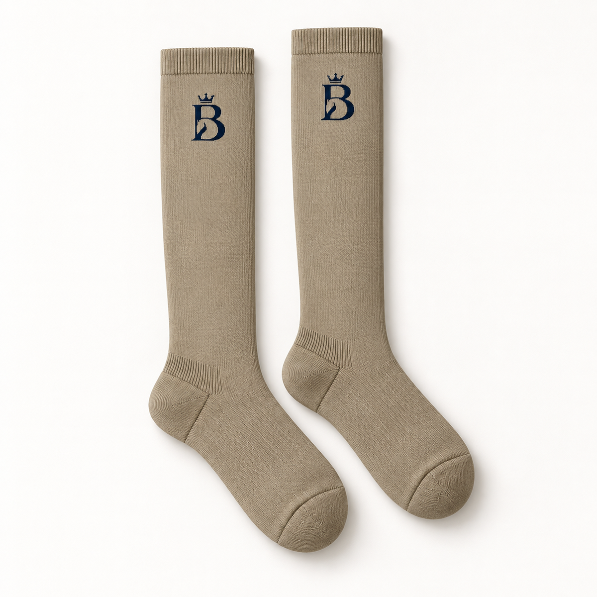 Bajolek khaki knee-high riding socks with ink-navy crowned-B emblems