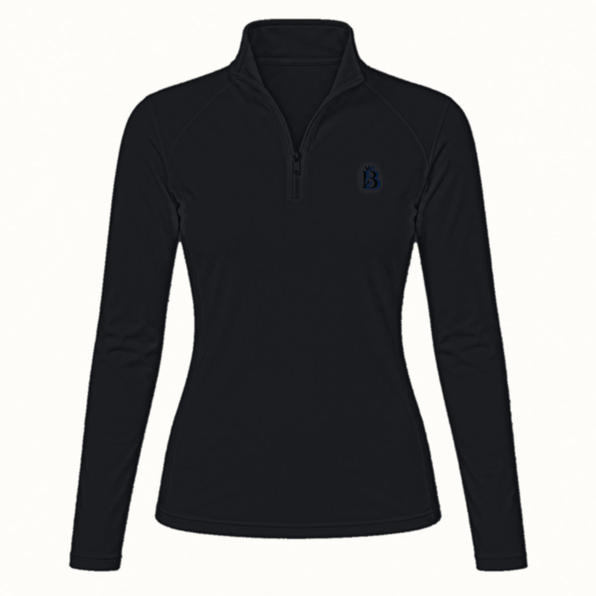 Bajolek MSFC003 long-sleeve riding top in black, clean front view with subtle navy left-chest logo