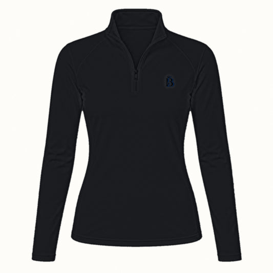 Bajolek MSFC003 long-sleeve riding top in black, clean front view with subtle navy left-chest logo
