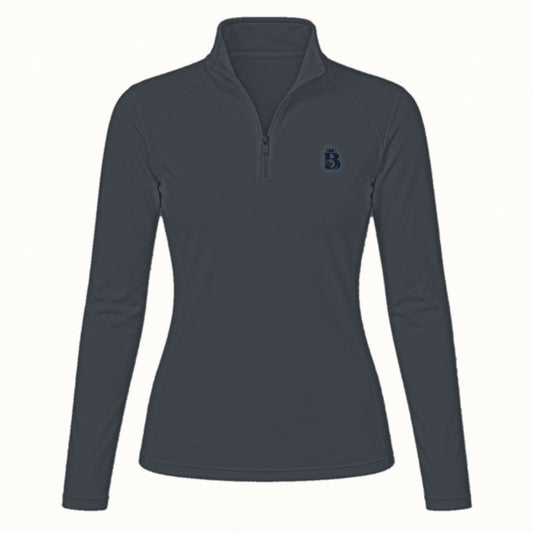 Bajolek long-sleeve riding top in charcoal, clean front view with subtle navy left-chest logo