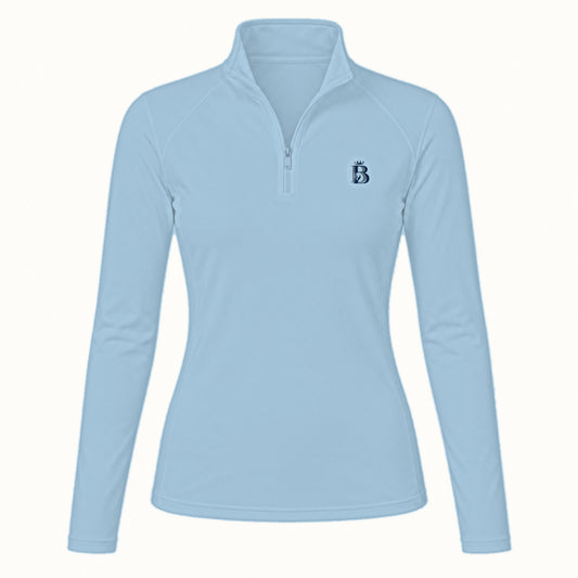 Bajolek long-sleeve riding top in light blue, clean front view with subtle navy left-chest logo