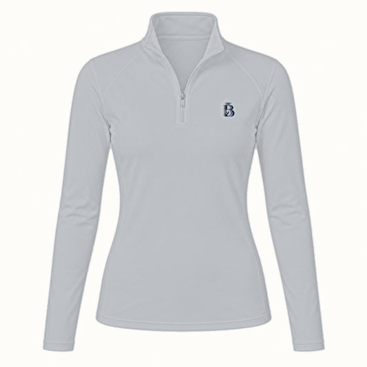 Bajolek long-sleeve riding top in light grey, clean front view with subtle navy left-chest logo