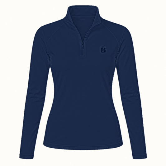 Bajolek long-sleeve riding top in navy, clean front view with subtle navy left-chest logo