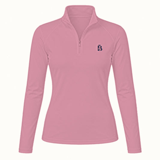 Bajolek long-sleeve riding top in pink, clean front view with subtle navy left-chest logo