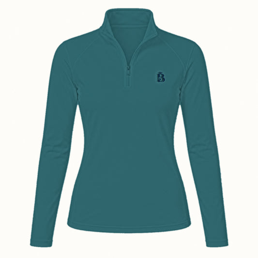 Bajolek long-sleeve riding top in teal, clean front view with subtle navy left-chest logo