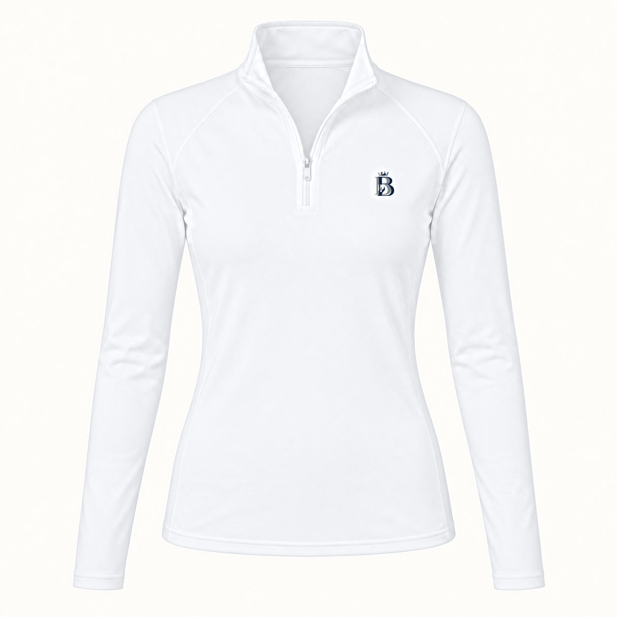 Bajolek MSFC003 long-sleeve riding top in white, clean front view with subtle navy left-chest logo