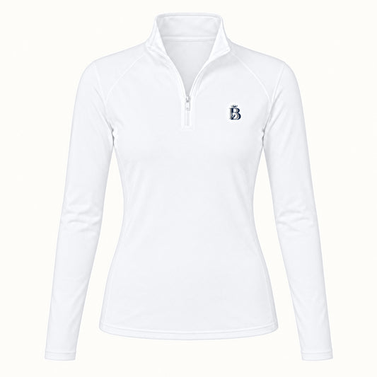 Bajolek long-sleeve riding top in white, clean front view with subtle navy left-chest logo