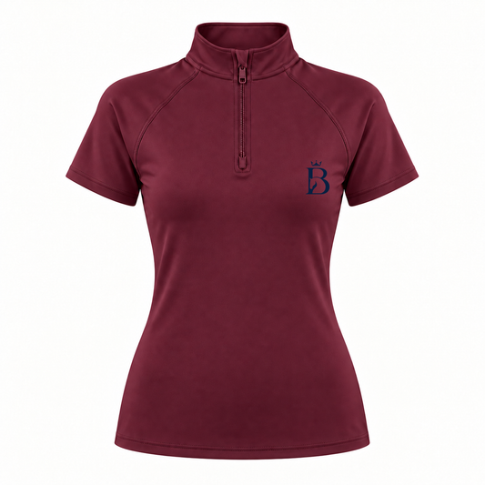 Bajolek MSFD003 riding top in burgundy, front view with subtle navy left-chest logo