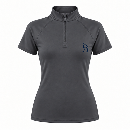 Bajolek riding top in charcoal, front view with subtle navy left-chest logo