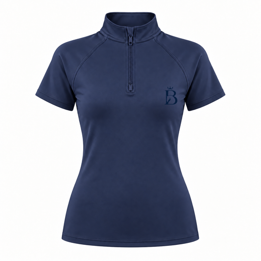 Bajolek riding top in navy, front view with subtle navy left-chest logo