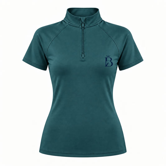Bajolek riding top in teal, front view with subtle navy left-chest logo