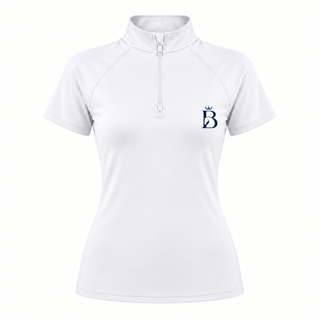 Bajolek MSFD003 riding top in white, front view with subtle navy left-chest logo