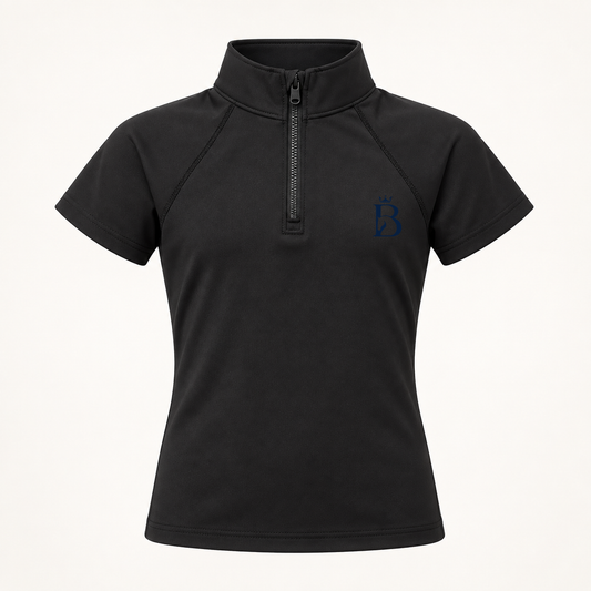 Bajolek MSFD005 riding top in black, front view with subtle navy left-chest logo