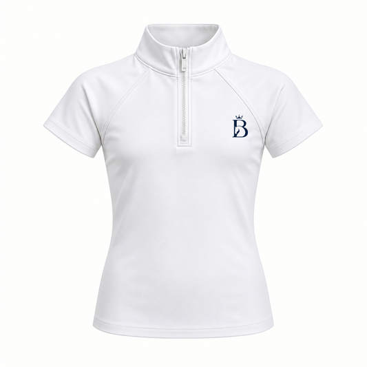 Bajolek junior short-sleeve riding top in white, front view with subtle navy left-chest logo