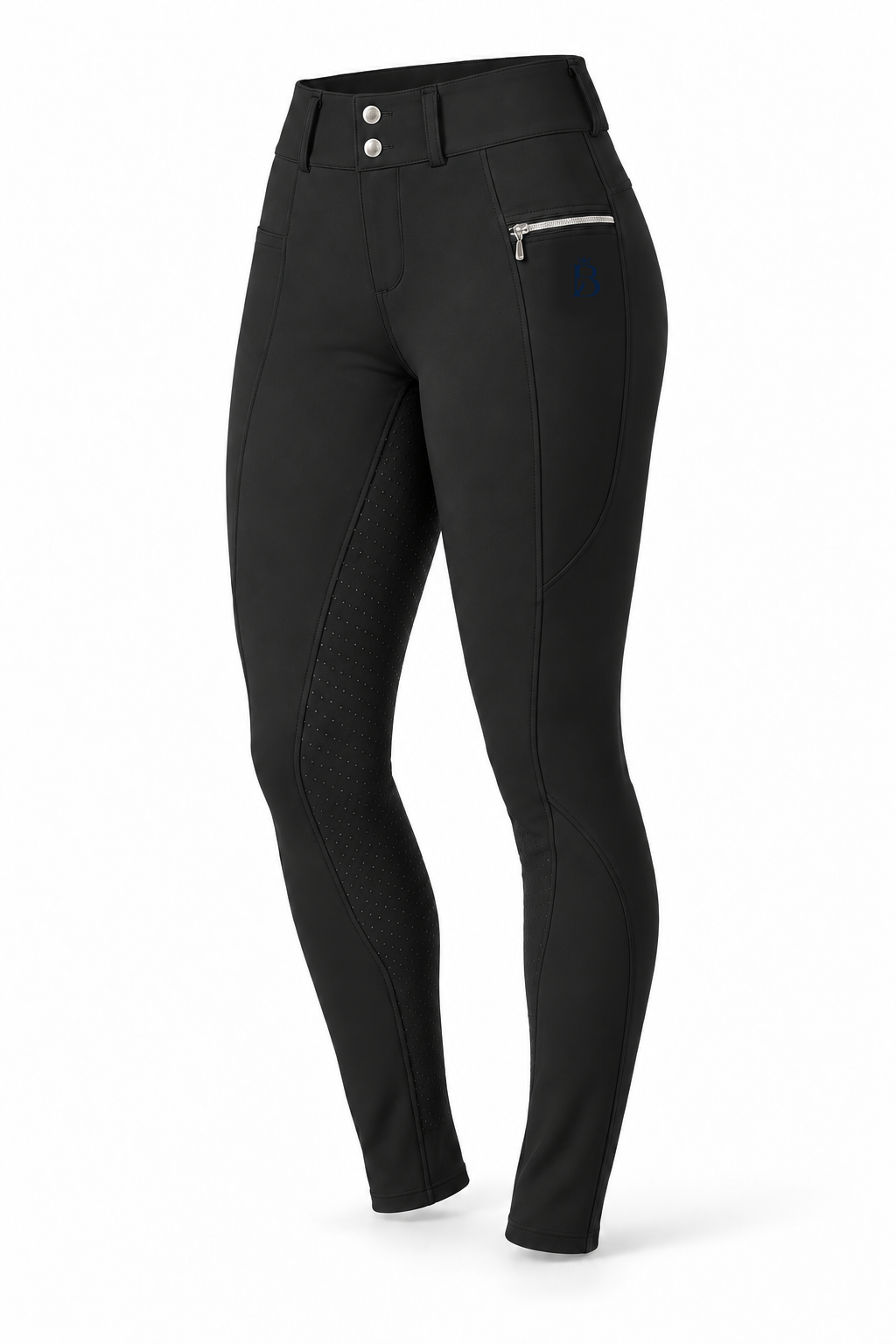 Bajolek MSK023 women’s Signature Full-Seat Breeches in black, front view; navy mark on phone-pocket panel