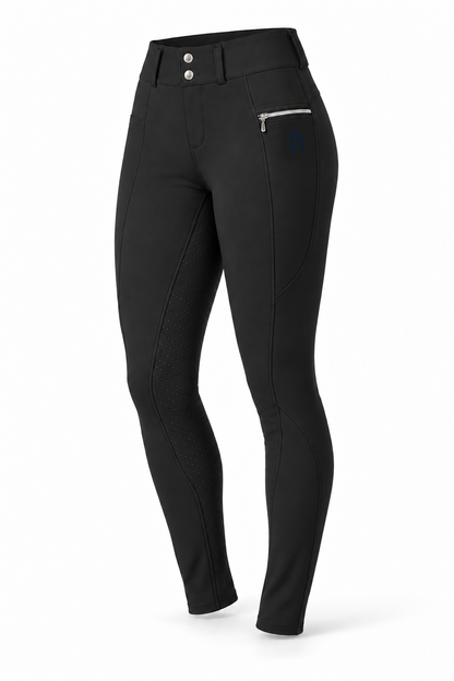 Bajolek MSK023 women’s Signature Full-Seat Breeches in black, front view; navy mark on phone-pocket panel