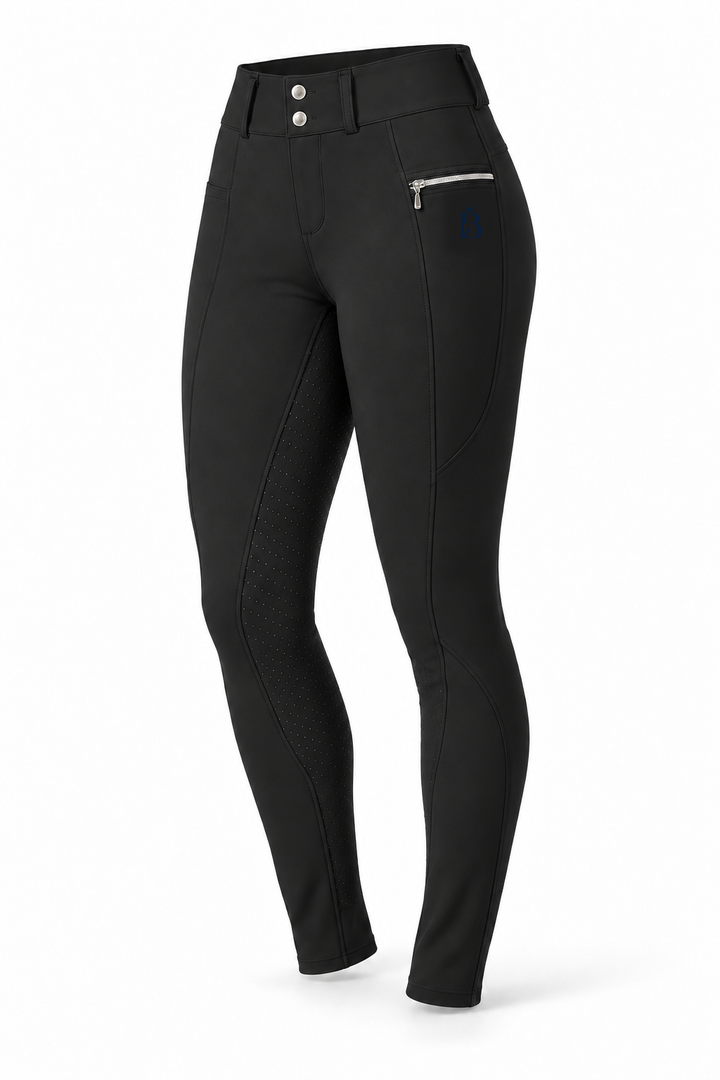 Bajolek MSK023 women’s Signature Full-Seat Breeches in black, front view; navy mark on phone-pocket panel