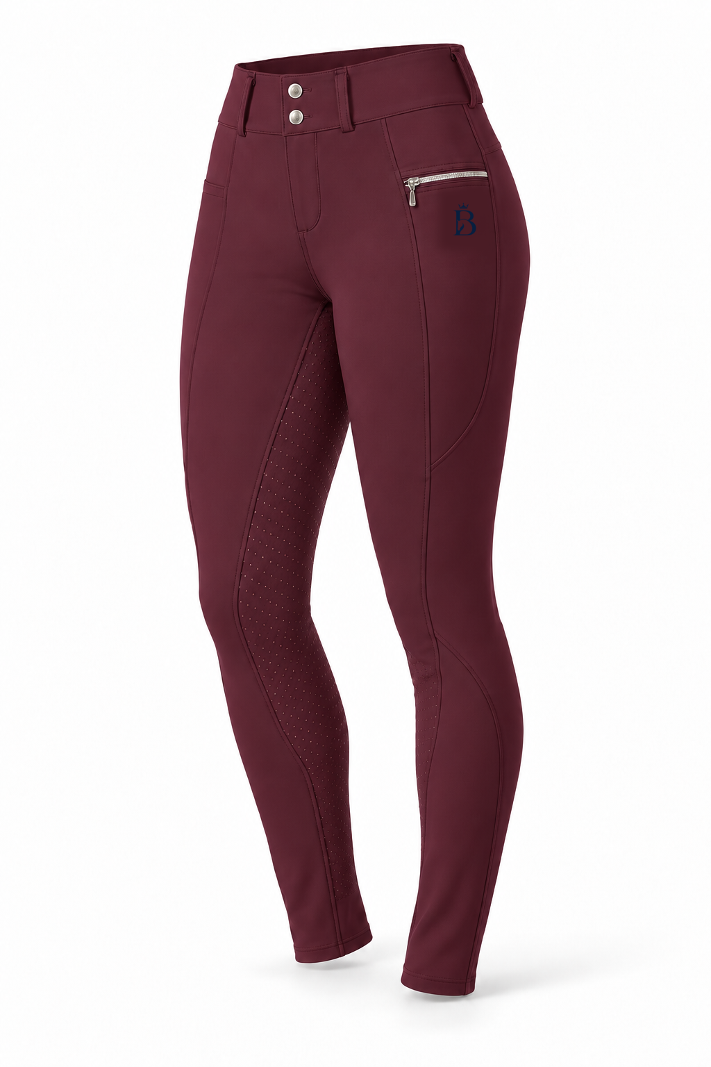 Bajolek MSK023 women’s Signature Full-Seat Breeches in burgundy, front view; navy mark on phone-pocket panel