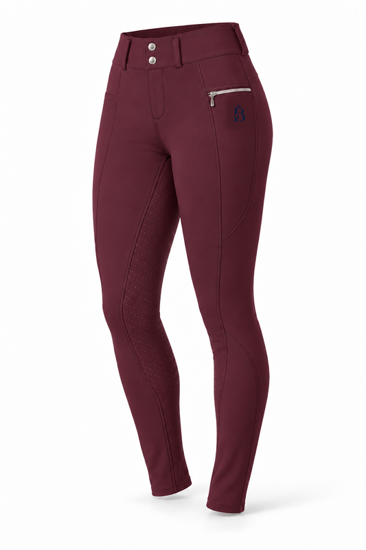 Bajolek women’s Signature Full-Seat Breeches in burgundy, front view; navy mark on phone-pocket panel