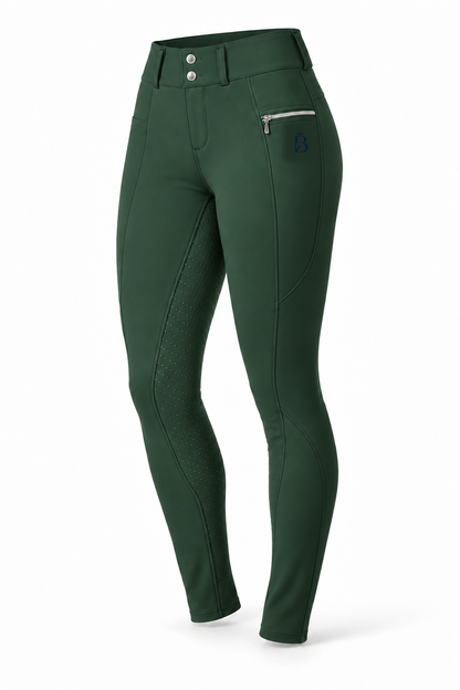 Bajolek MSK023 women’s Signature Full-Seat Breeches in green, front view; navy mark on phone-pocket panel