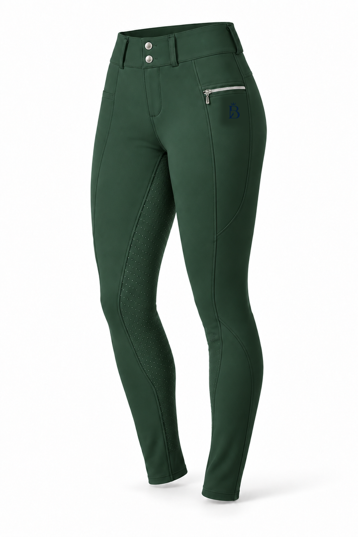Bajolek MSK023 women’s Signature Full-Seat Breeches in green, front view; navy mark on phone-pocket panel