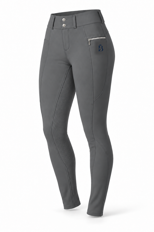 Bajolek MSK023 women’s Signature Full-Seat Breeches in grey, front view; navy mark on phone-pocket panel