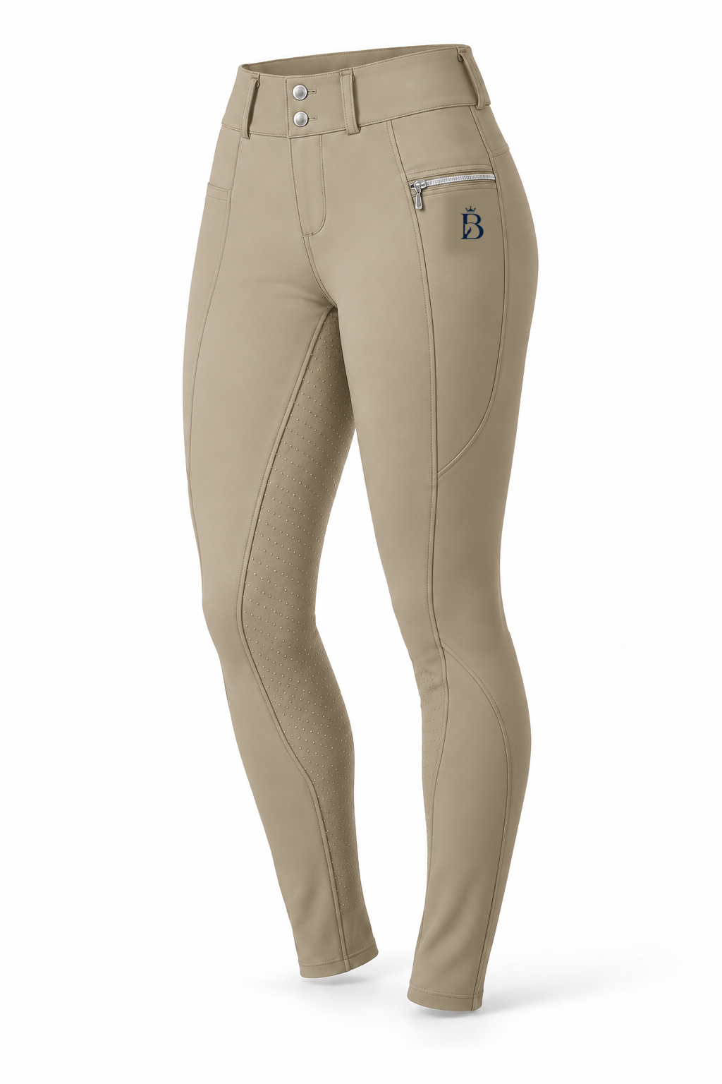Bajolek MSK023 women’s Signature Full-Seat Breeches in khaki, front view; navy mark on phone-pocket panel