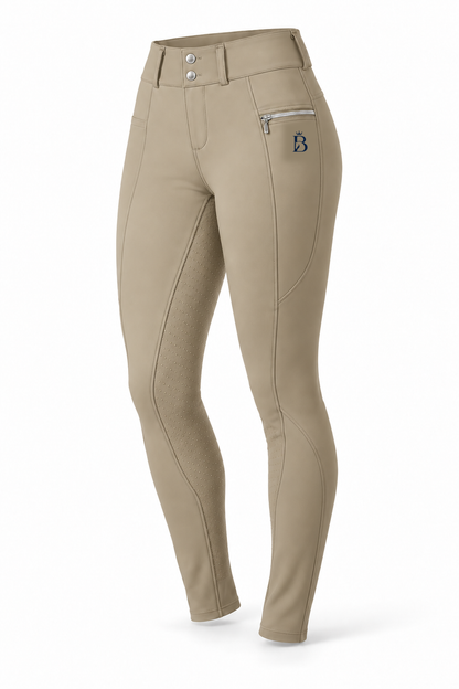 Bajolek MSK023 women’s Signature Full-Seat Breeches in khaki, front view; navy mark on phone-pocket panel