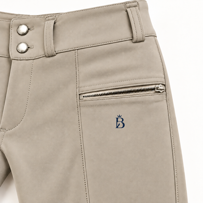 Bajolek MSK023 khaki breeches phone-pocket detail with navy heat-transfer mark