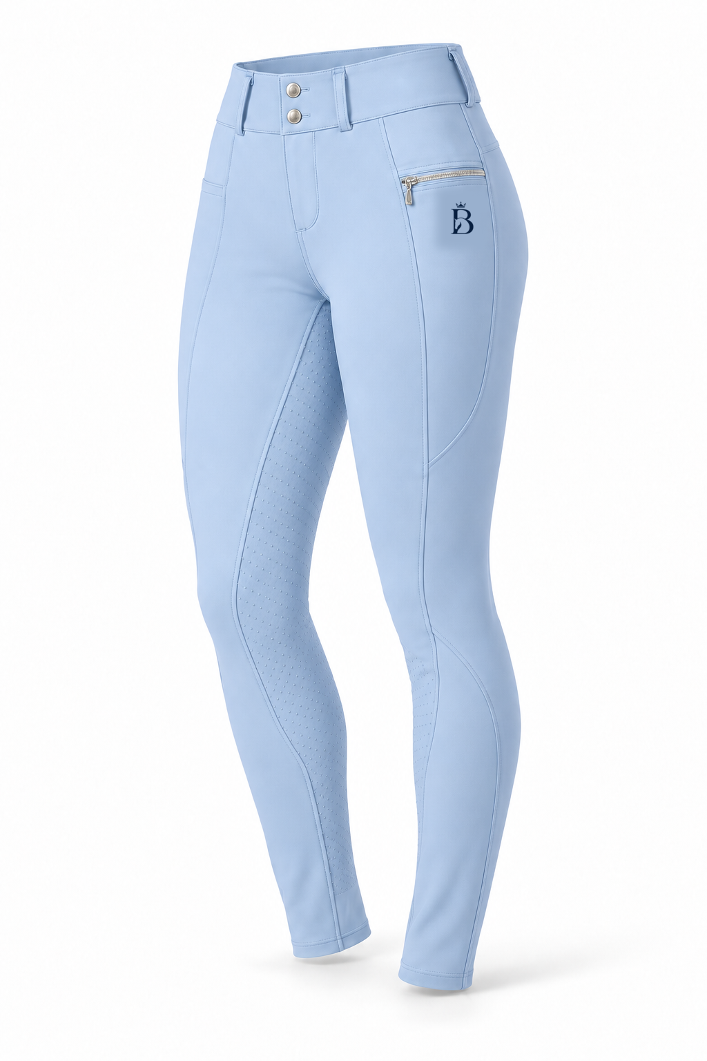 Bajolek MSK023 women’s Signature Full-Seat Breeches in light blue, front view; navy mark on phone-pocket panel