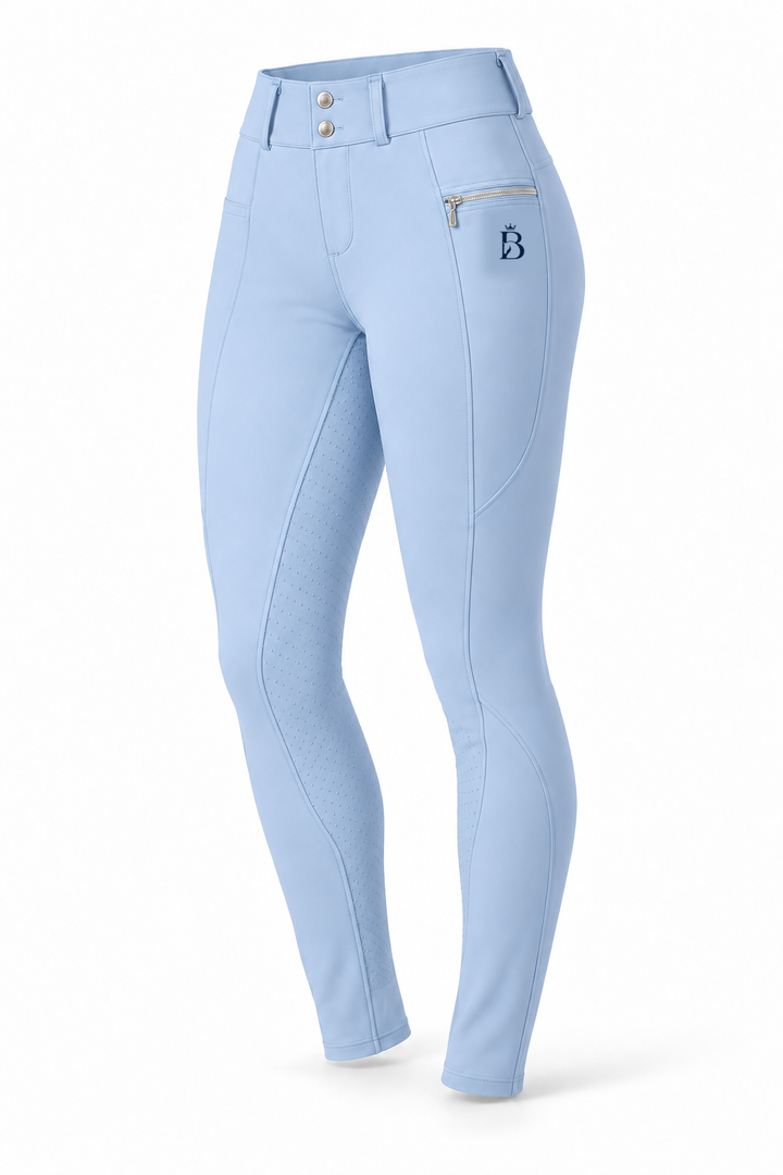 Bajolek MSK023 women’s Signature Full-Seat Breeches in light blue, front view; navy mark on phone-pocket panel
