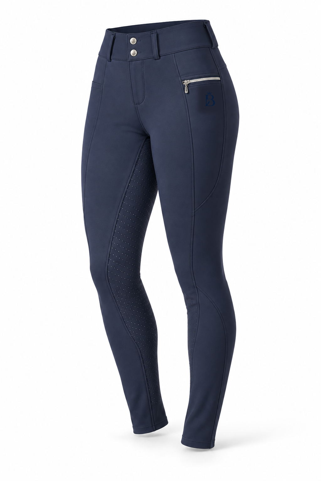 Bajolek MSK023 women’s Signature Full-Seat Breeches in navy, front view; navy mark on phone-pocket panel