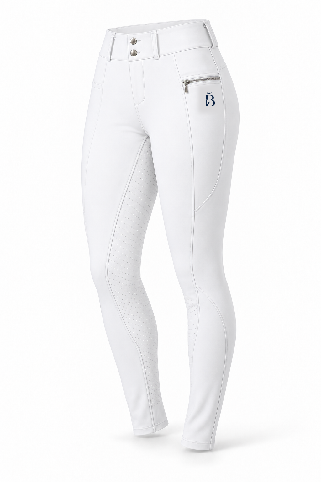 Bajolek MSK023 women’s Signature Full-Seat Breeches in white, front view; navy mark on phone-pocket panel