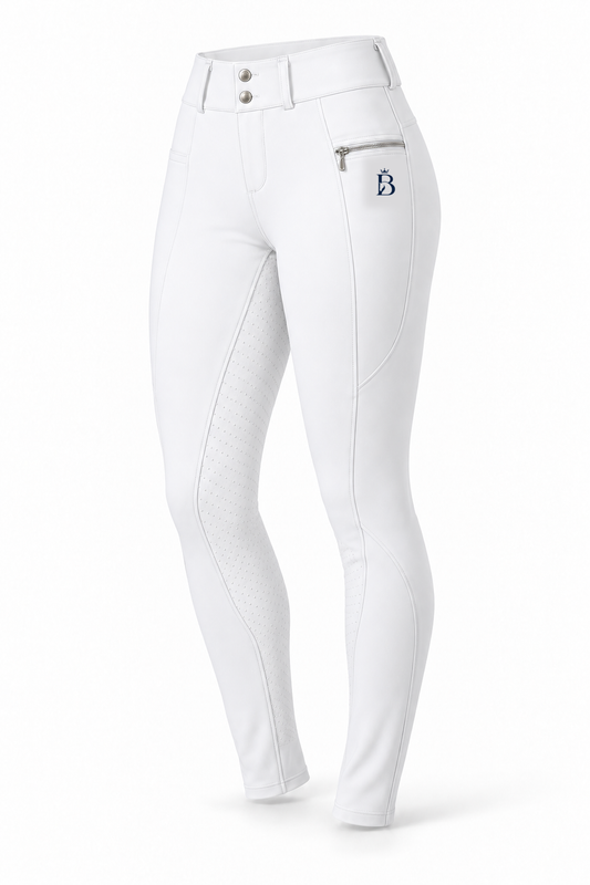 Bajolek MSK023 women’s Signature Full-Seat Breeches in white, front view; navy mark on phone-pocket panel