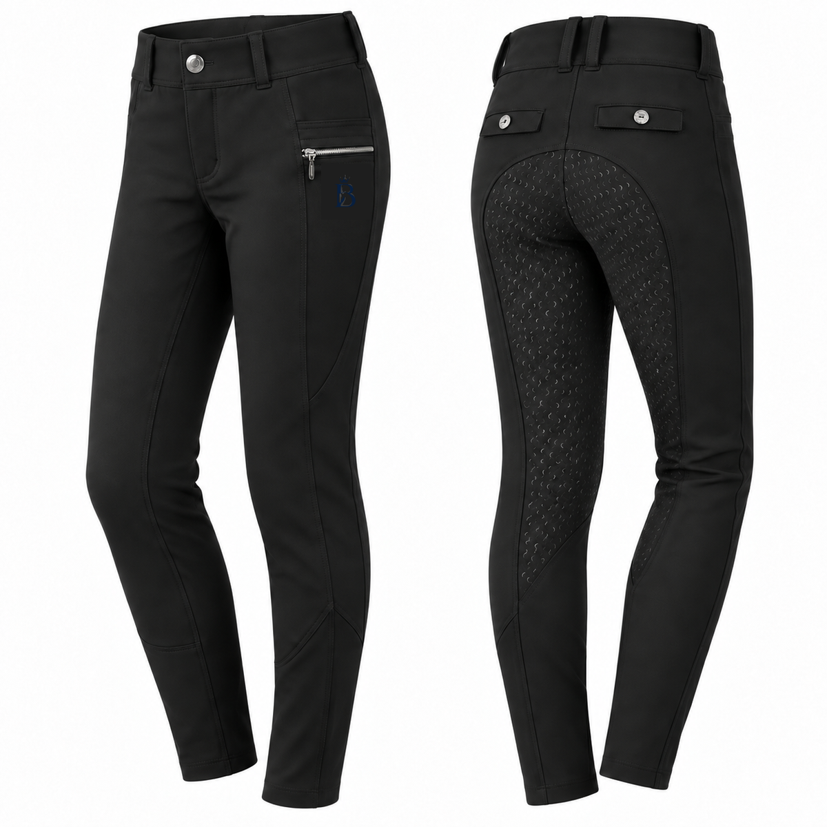 Bajolek MSK024 junior Signature Full-Seat Breeches in black, front and back views; navy mark on phone-pocket panel