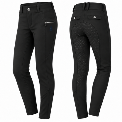 Bajolek MSK024 junior Signature Full-Seat Breeches in black, front and back views; navy mark on phone-pocket panel