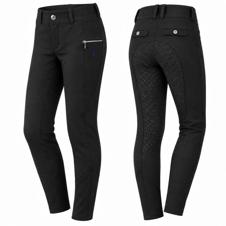Bajolek MSK024 junior Signature Full-Seat Breeches in black, front and back views; navy mark on phone-pocket panel