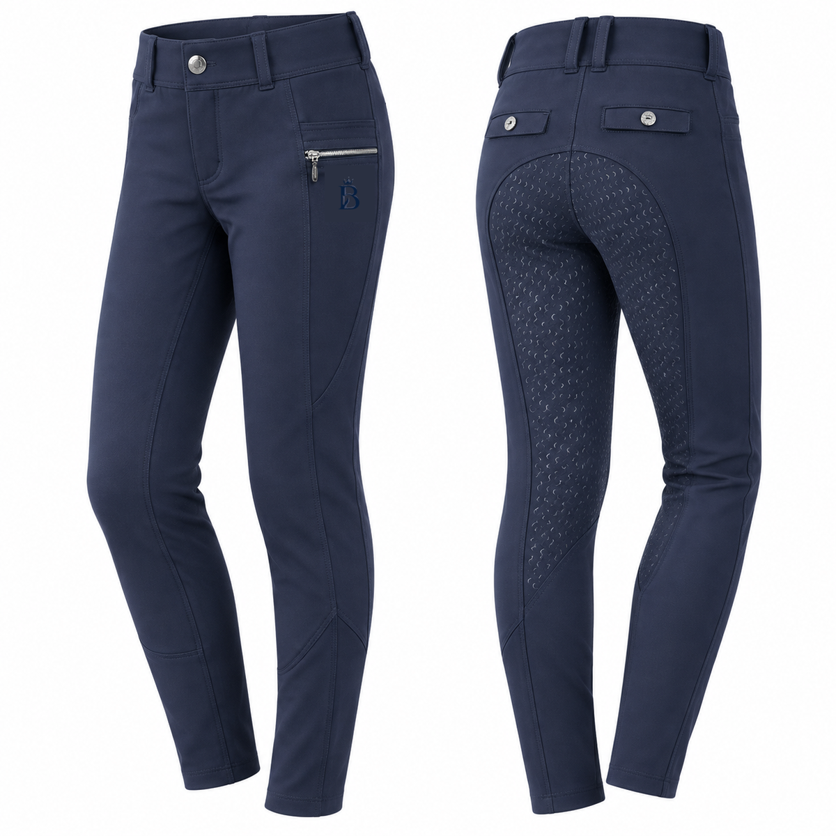 Bajolek MSK024 junior Signature Full-Seat Breeches in dark blue, front and back views; navy mark on phone-pocket panel